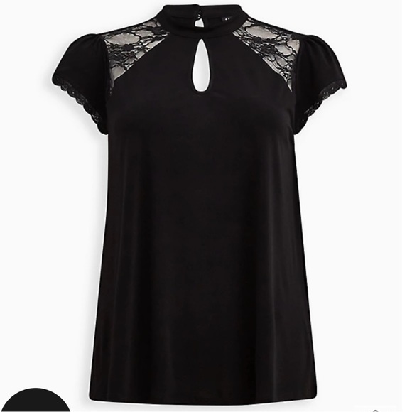 Torrid Studio Crepe Jersey Mock Neck Lace Pieced Keyhole Top Size 4 Black - Picture 2 of 12
